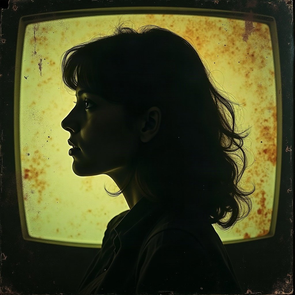 grunge pfp — static tv noise portrait silhouette, dark olive and rust, scratched film texture
