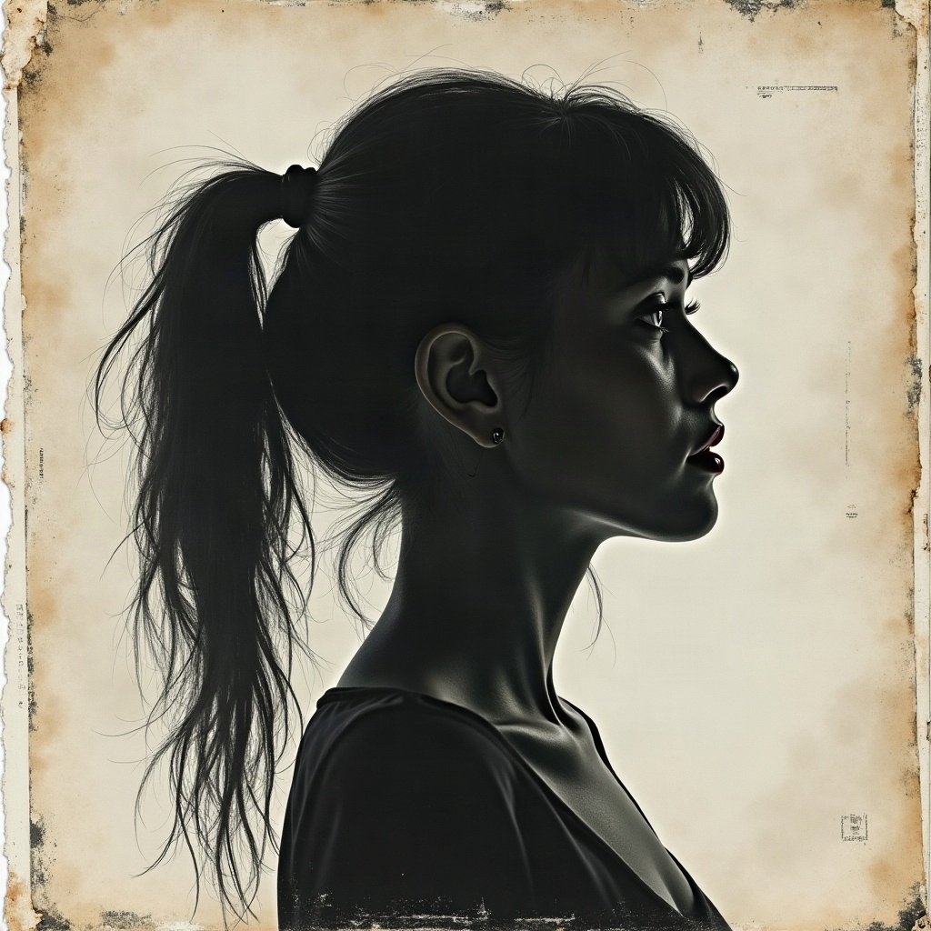grunge pfp — static tv noise portrait silhouette, charcoal and faded newsprint, tape marks and creases