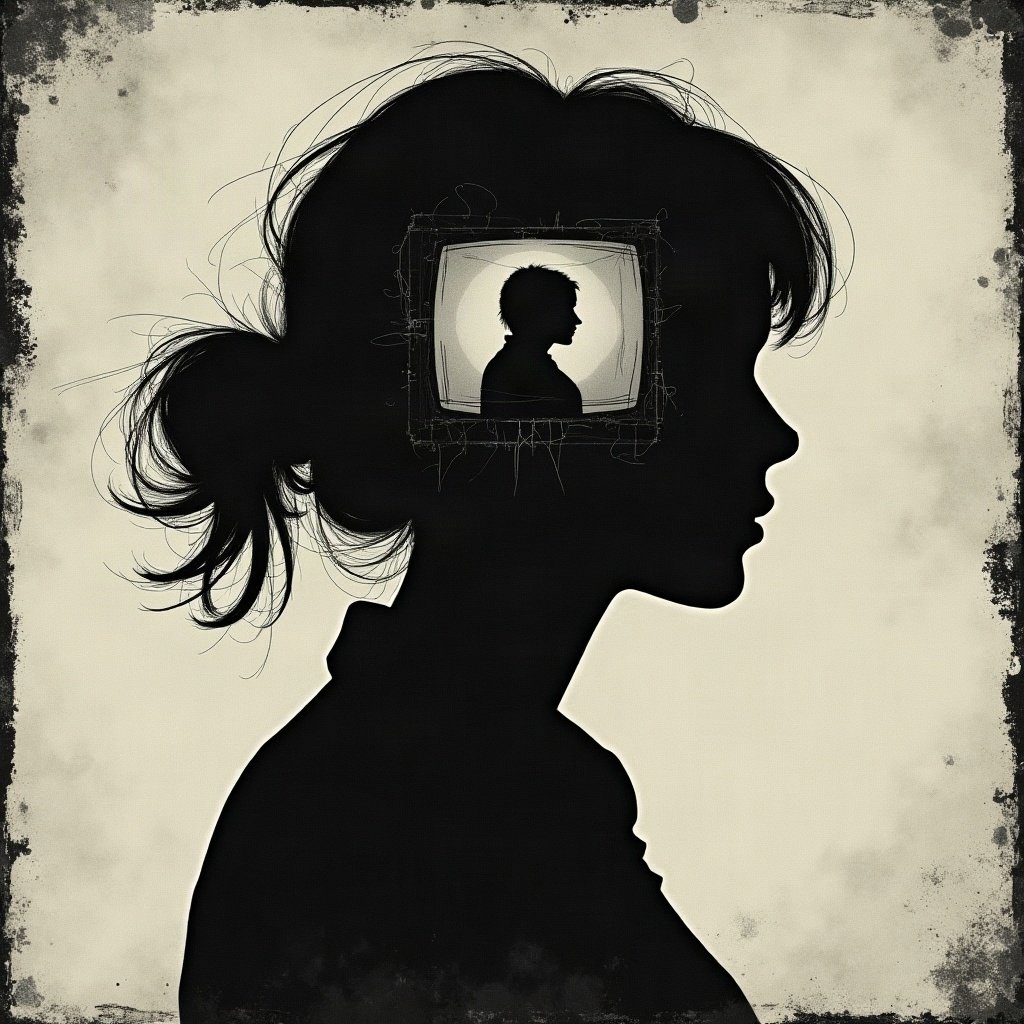 grunge pfp — static tv noise portrait silhouette, charcoal and faded newsprint, scratched film texture