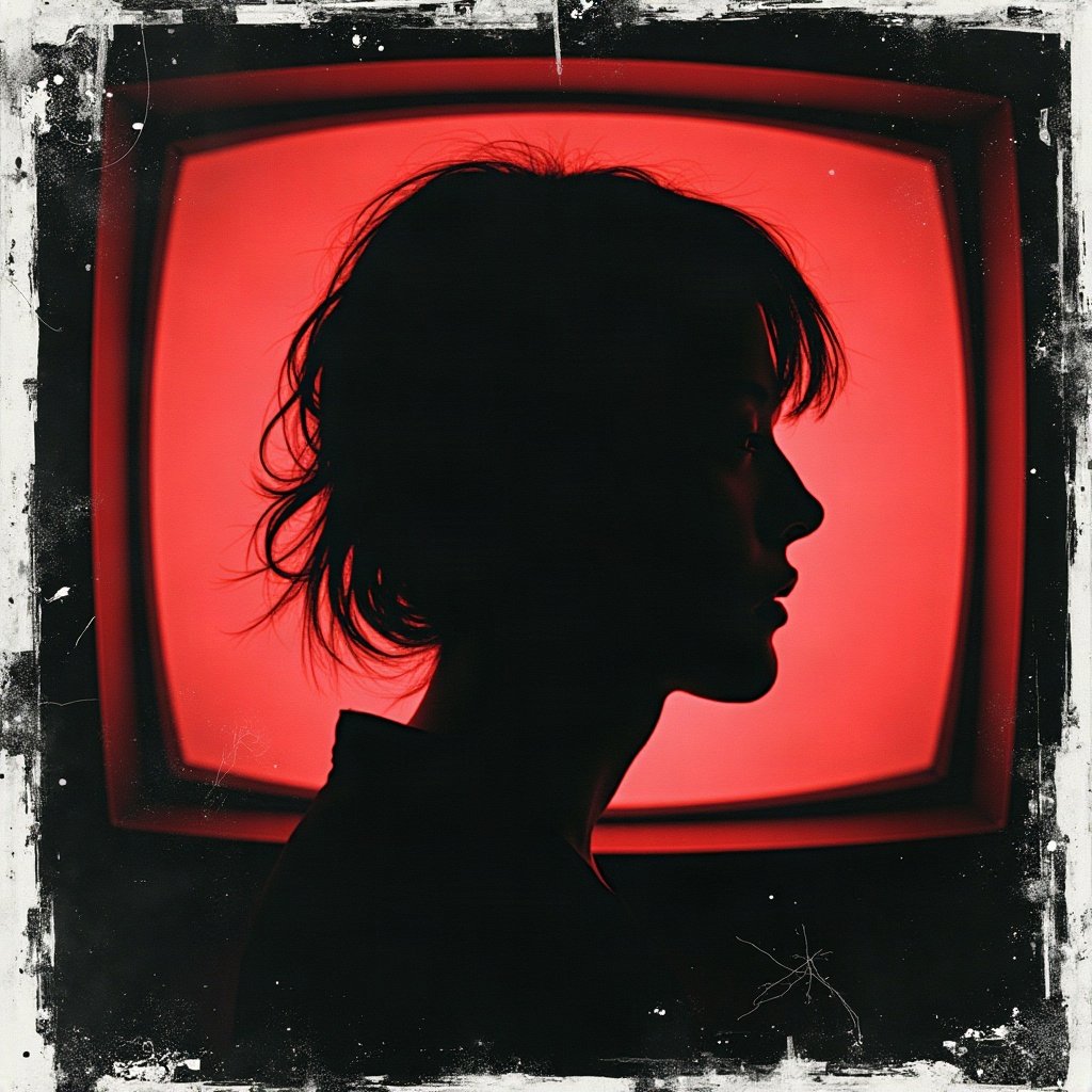 grunge pfp — static tv noise portrait silhouette, black white and red, tape marks and creases