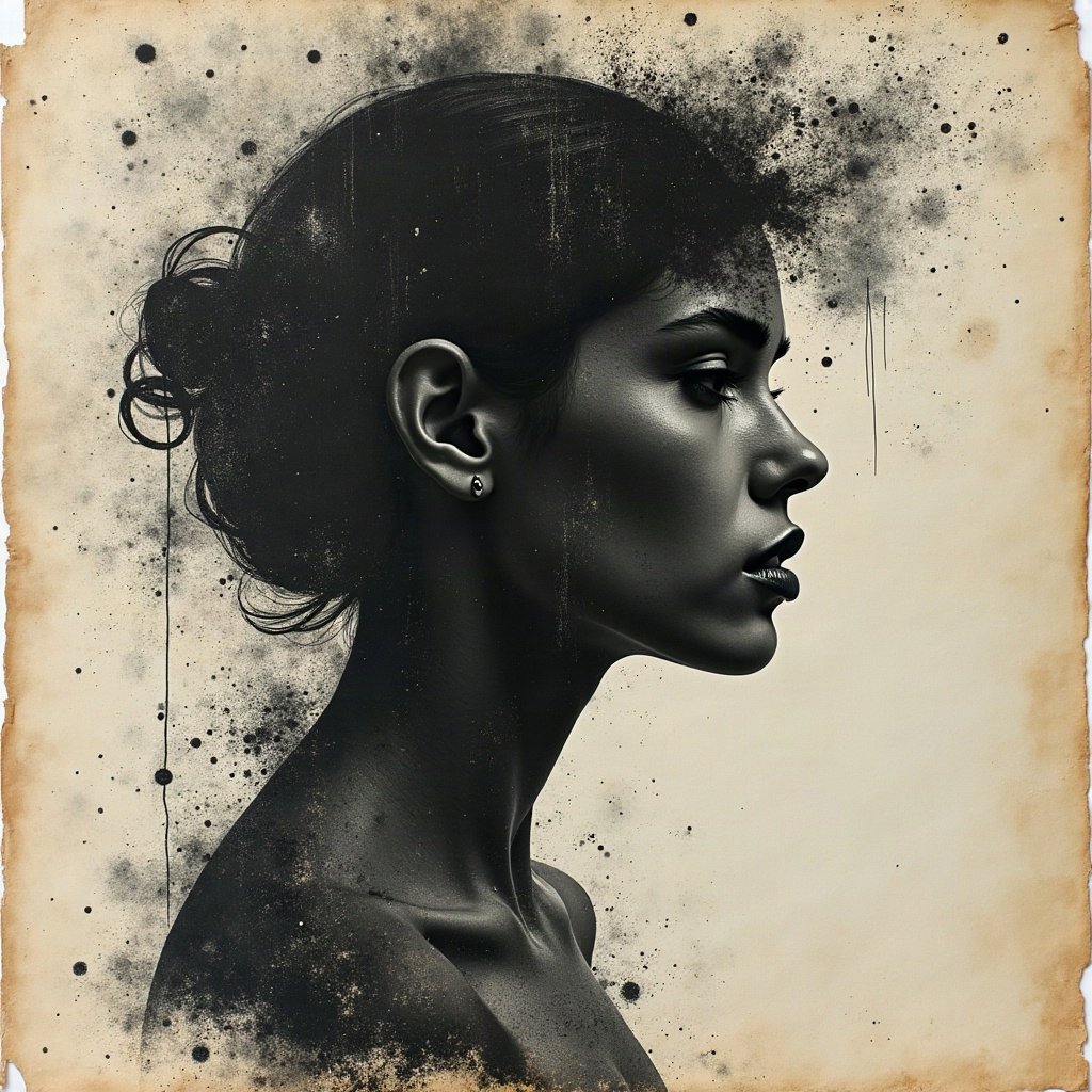 grunge pfp — torn poster collage abstract, charcoal and faded newsprint, photocopy grain