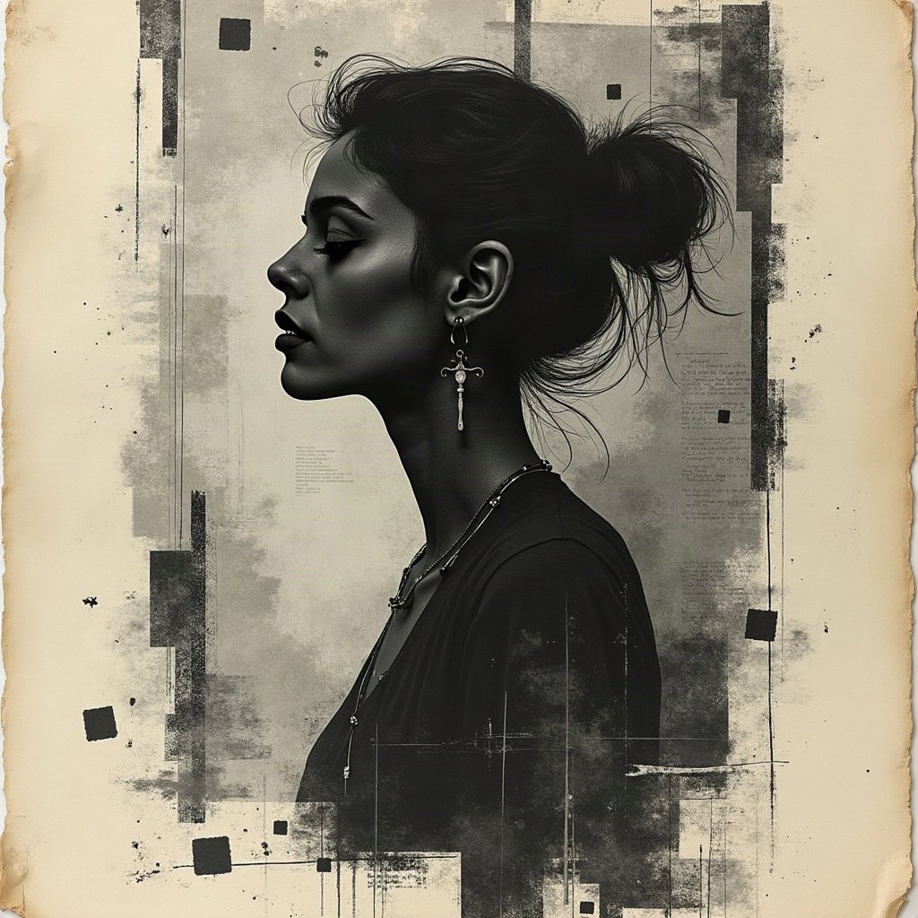 grunge pfp — torn poster collage abstract, charcoal and faded newsprint, tape marks and creases