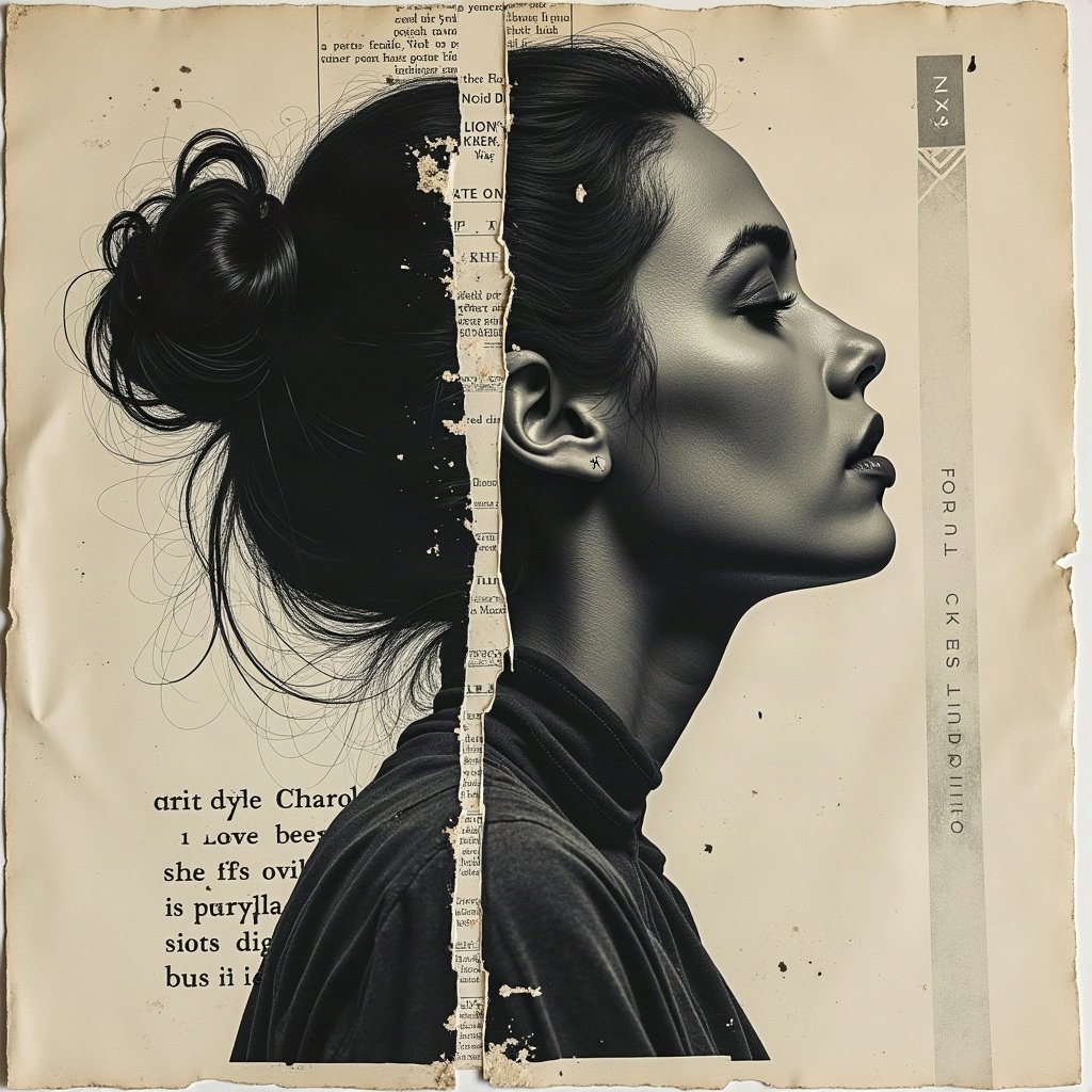grunge pfp — torn poster collage abstract, charcoal and faded newsprint, tape marks and creases