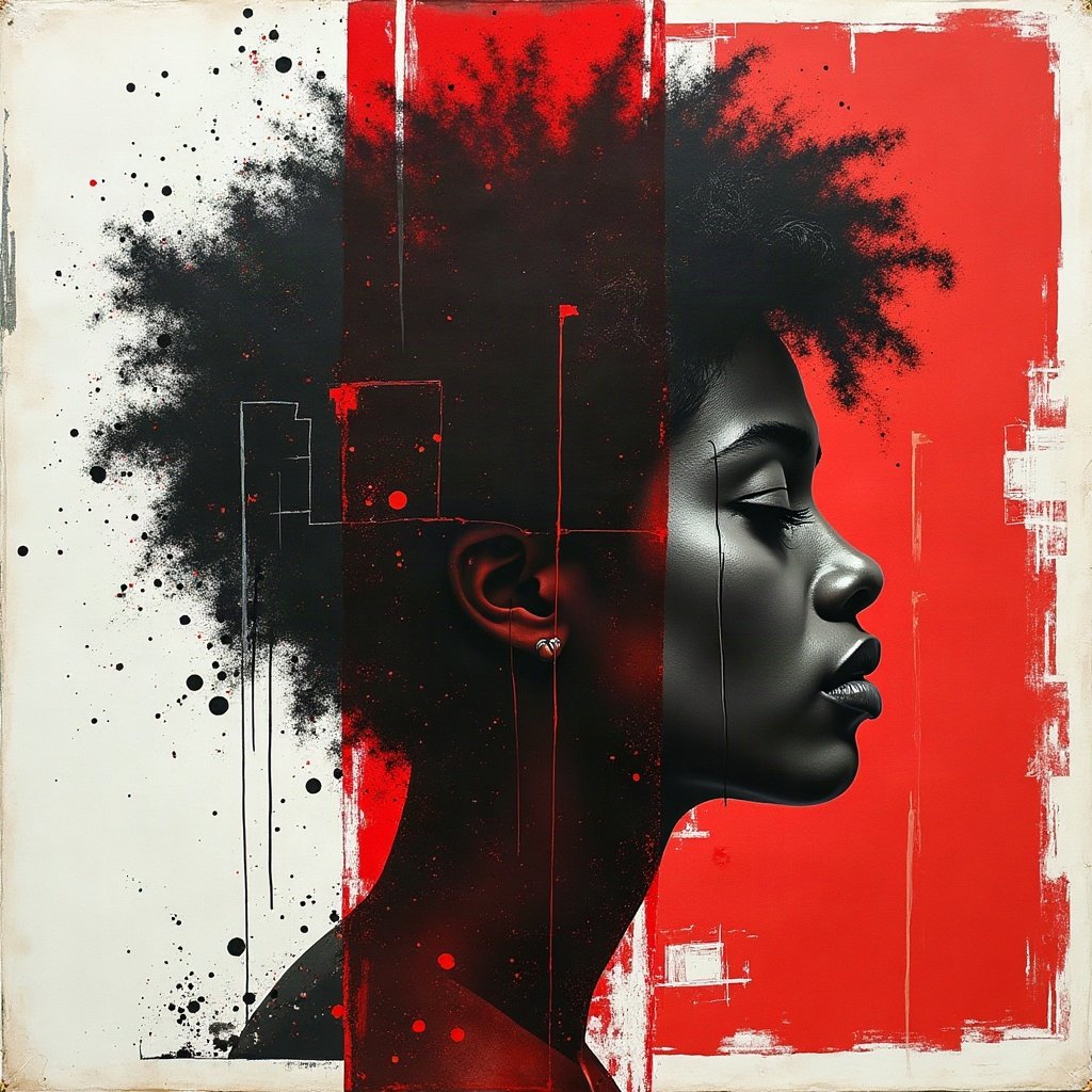grunge pfp — torn poster collage abstract, black white and red, tape marks and creases