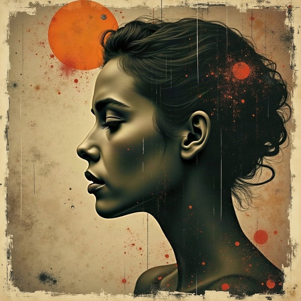 grunge pfp — torn poster collage abstract, dark olive and rust, scratched film texture