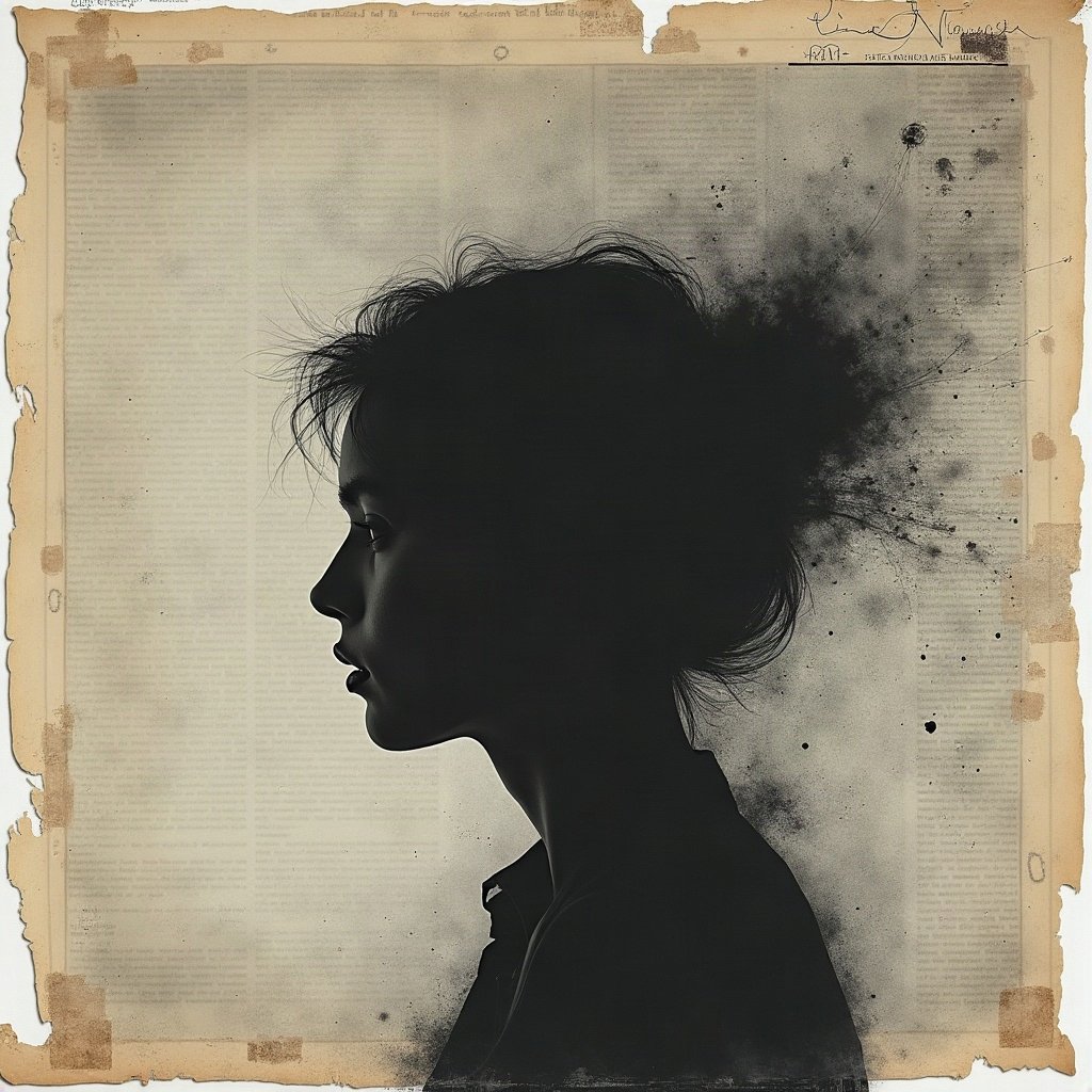 grunge pfp — static tv noise portrait silhouette, charcoal and faded newsprint, tape marks and creases