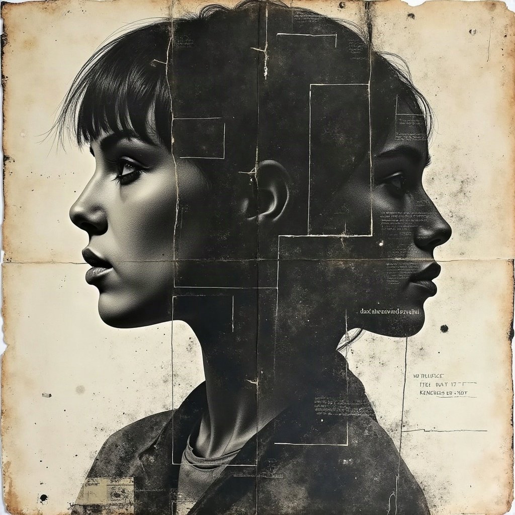 grunge pfp — torn poster collage abstract, charcoal and faded newsprint, photocopy grain