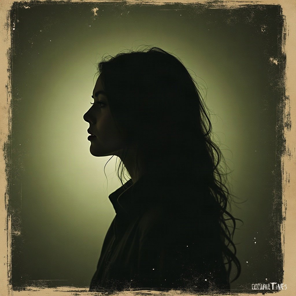 grunge pfp — static tv noise portrait silhouette, dark olive and rust, photocopy grain
