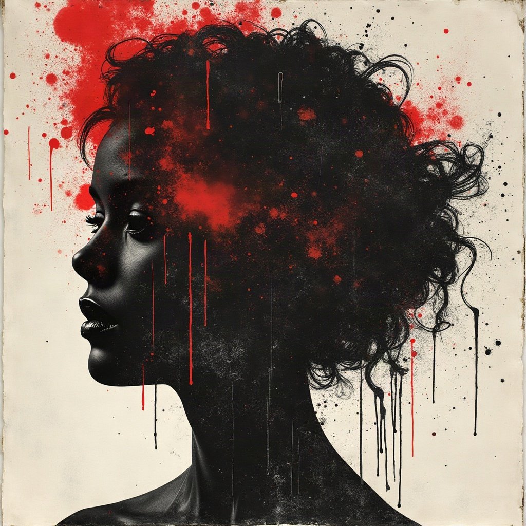 grunge pfp — torn poster collage abstract, black white and red, photocopy grain
