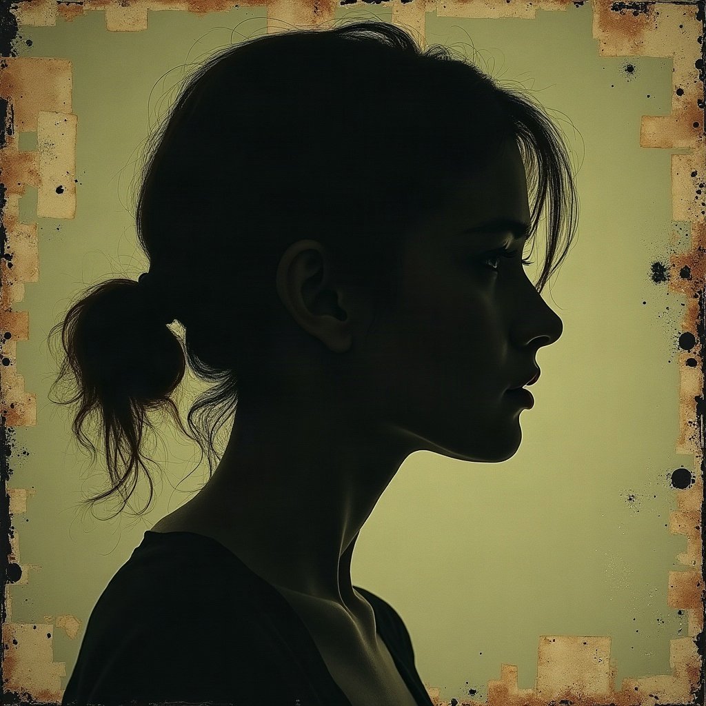 grunge pfp — static tv noise portrait silhouette, dark olive and rust, tape marks and creases