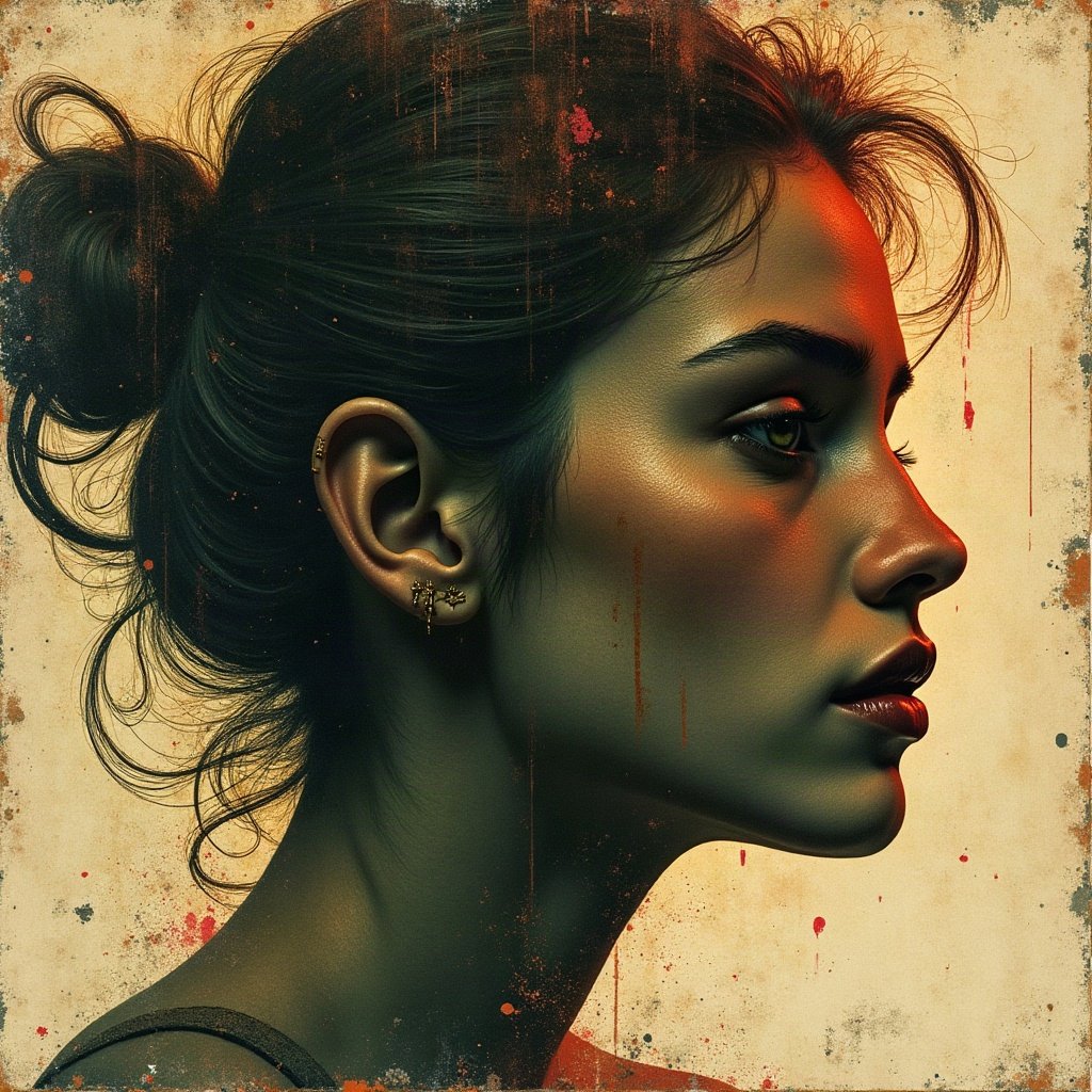grunge pfp — torn poster collage abstract, dark olive and rust, scratched film texture