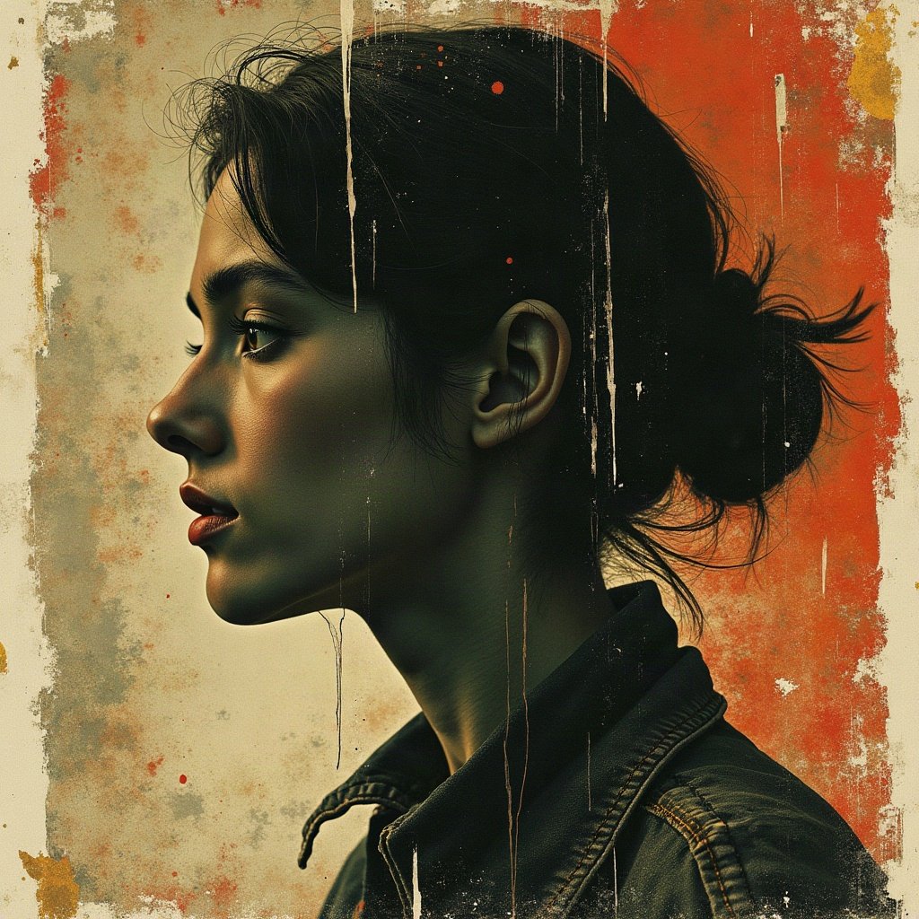 grunge pfp — torn poster collage abstract, dark olive and rust, photocopy grain