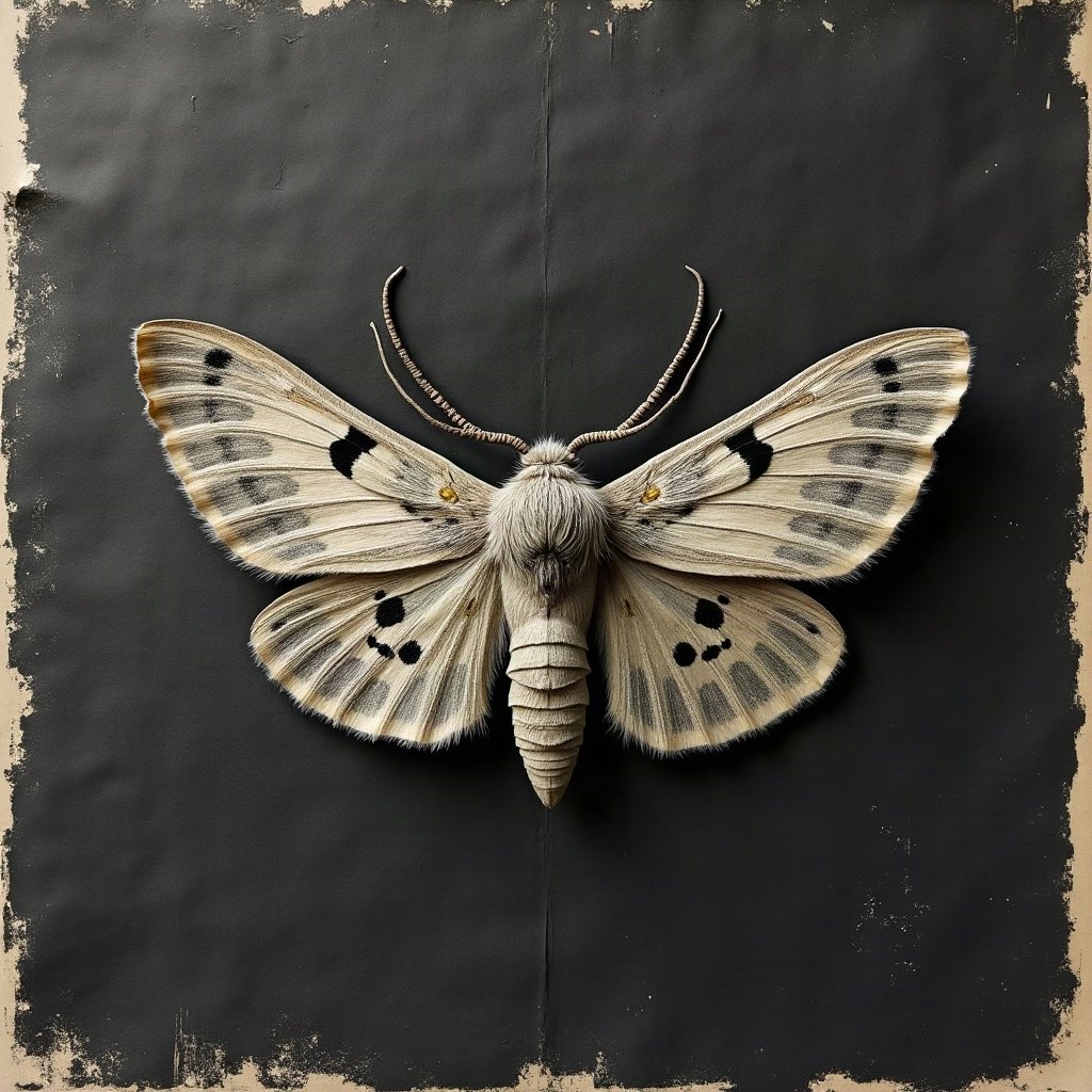 grunge pfp — moth on dark textured paper, charcoal and faded newsprint, photocopy grain