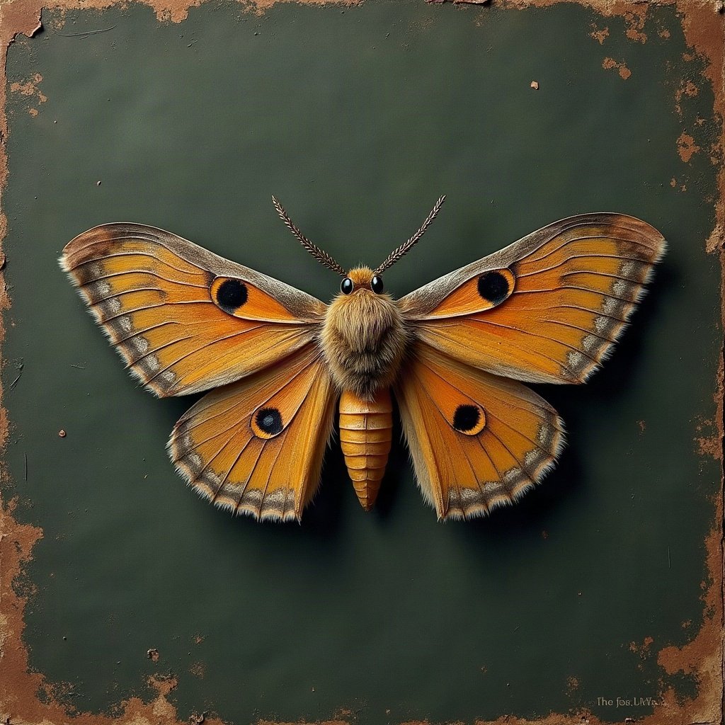 grunge pfp — moth on dark textured paper, dark olive and rust, scratched film texture