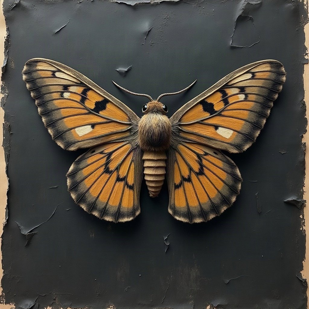 grunge pfp — moth on dark textured paper, charcoal and faded newsprint, tape marks and creases