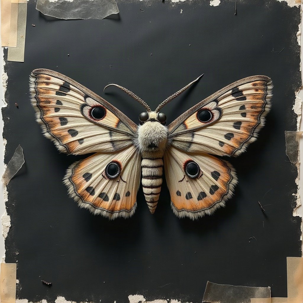 grunge pfp — moth on dark textured paper, charcoal and faded newsprint, tape marks and creases