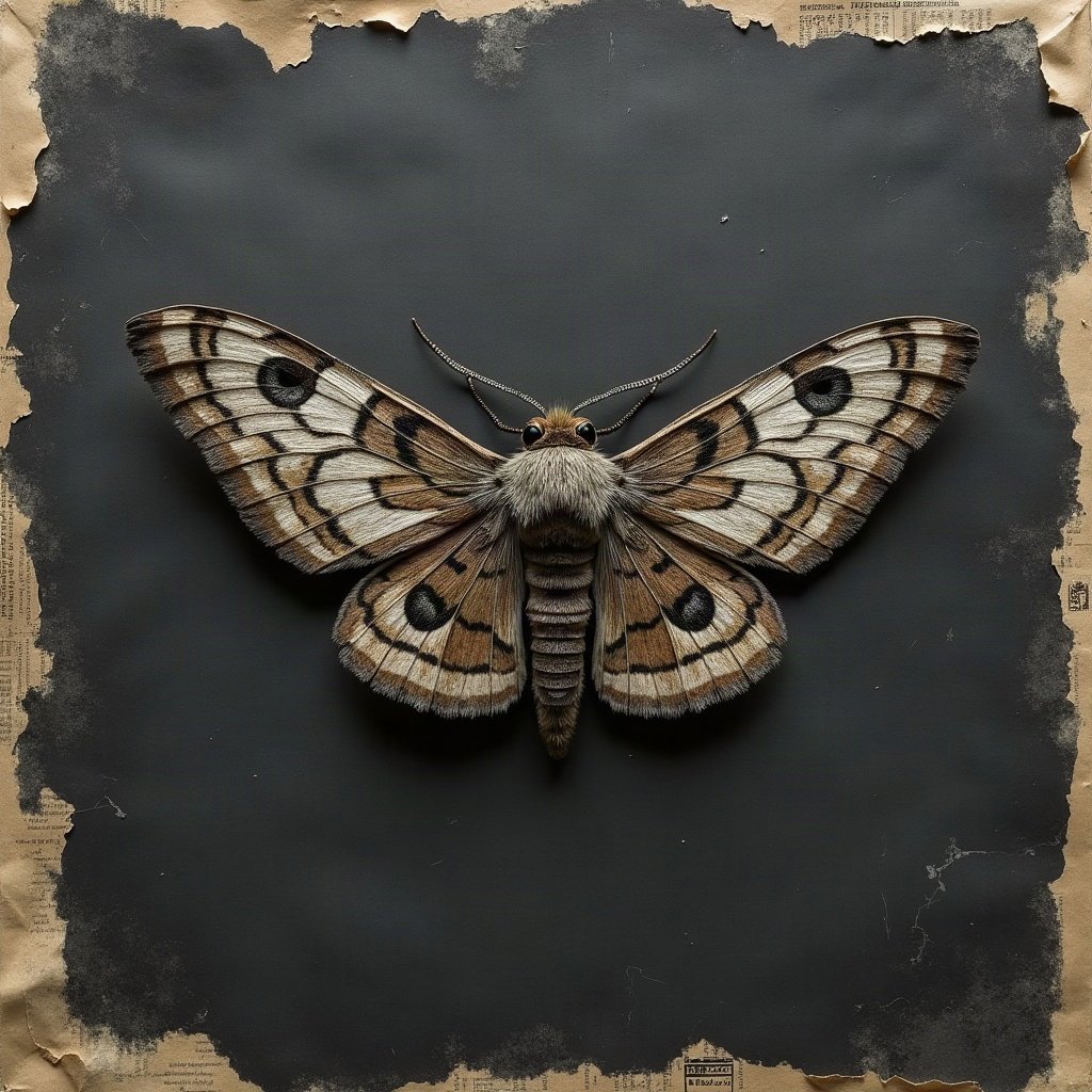 grunge pfp — moth on dark textured paper, charcoal and faded newsprint, tape marks and creases