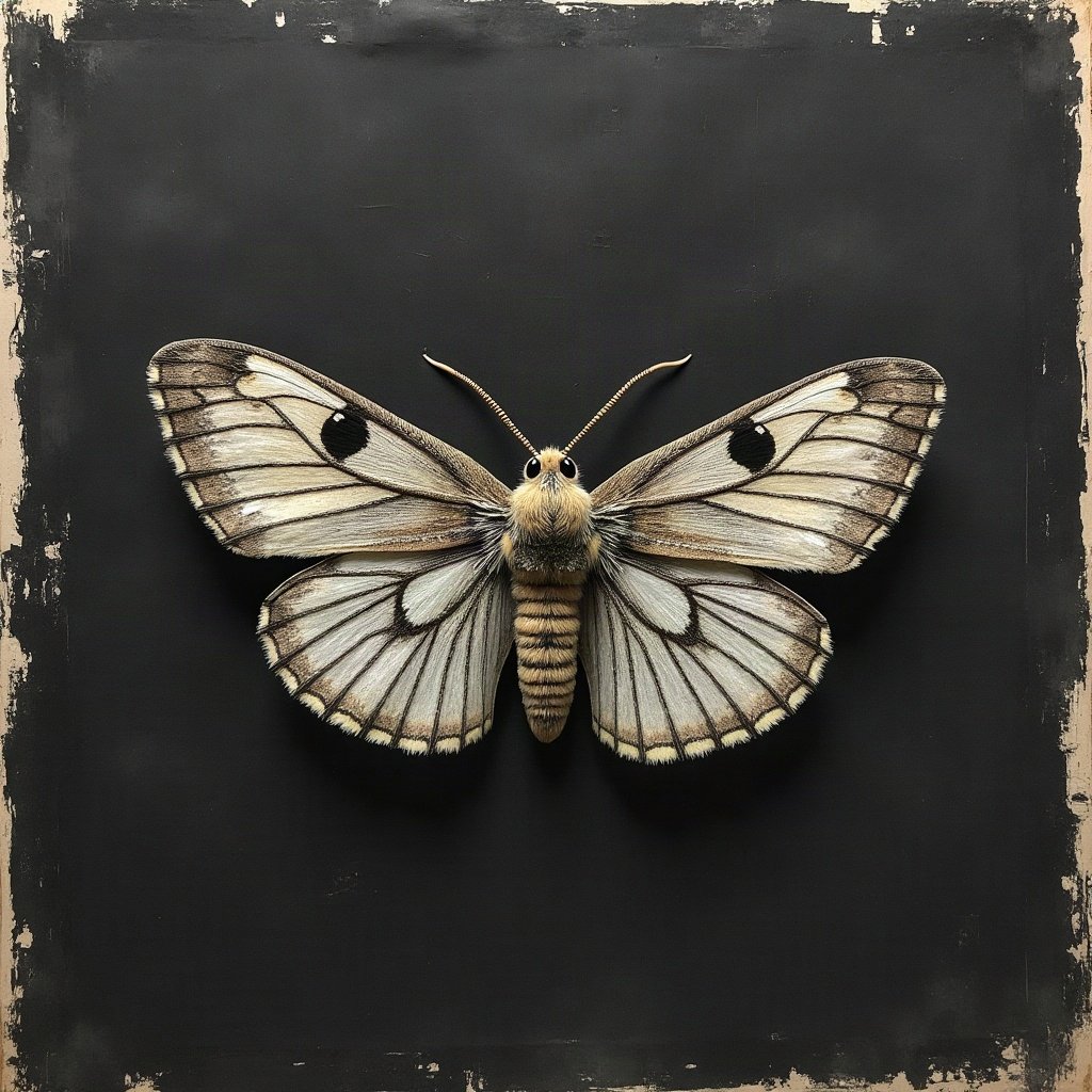 grunge pfp — moth on dark textured paper, charcoal and faded newsprint, scratched film texture