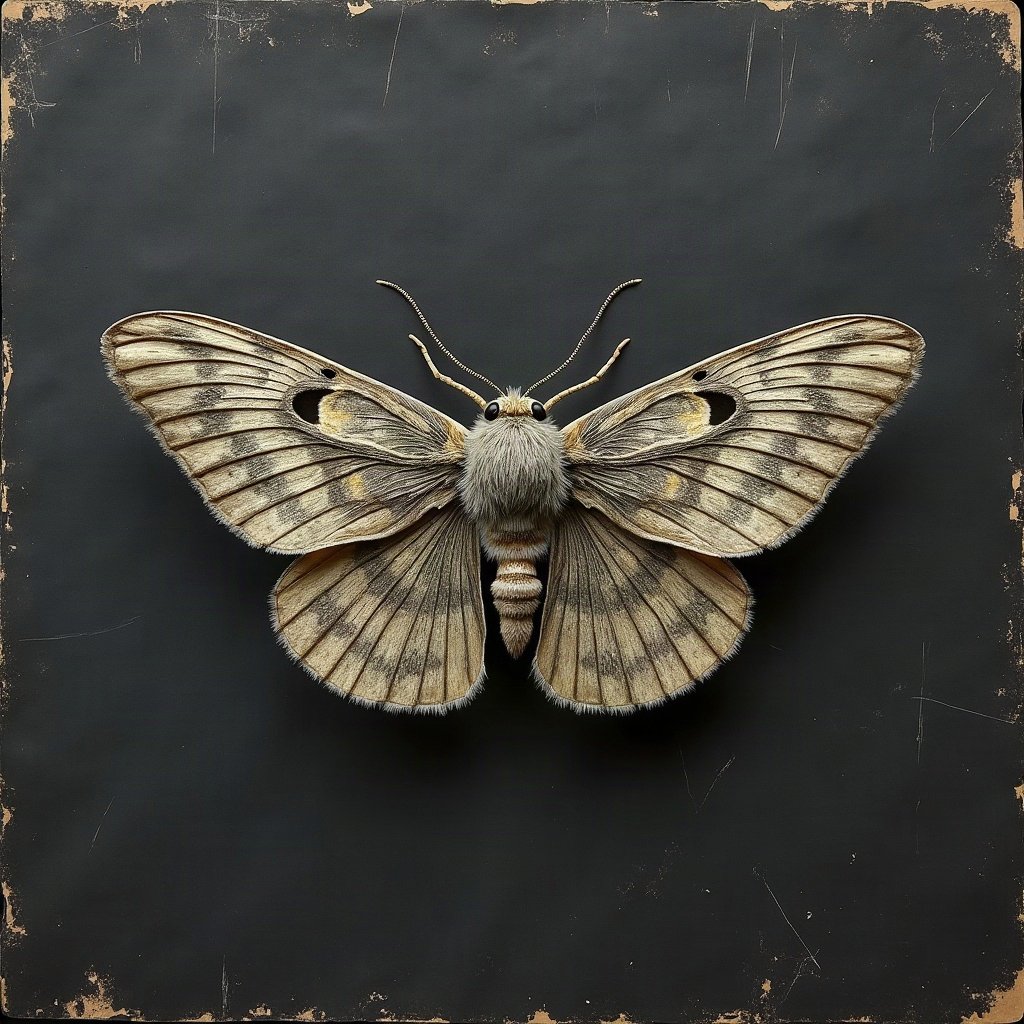 grunge pfp — moth on dark textured paper, charcoal and faded newsprint, scratched film texture