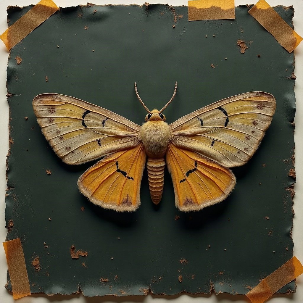 grunge pfp — moth on dark textured paper, dark olive and rust, tape marks and creases