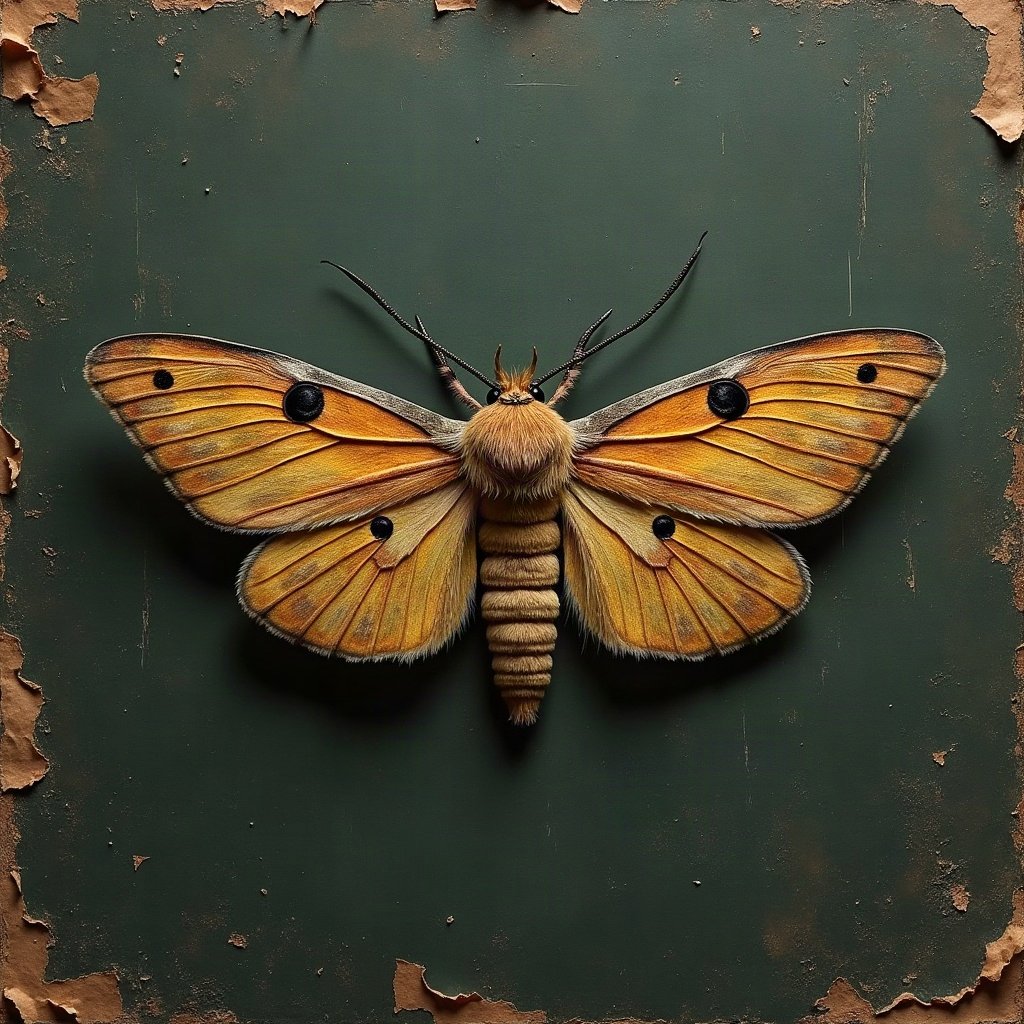 grunge pfp — moth on dark textured paper, dark olive and rust, tape marks and creases