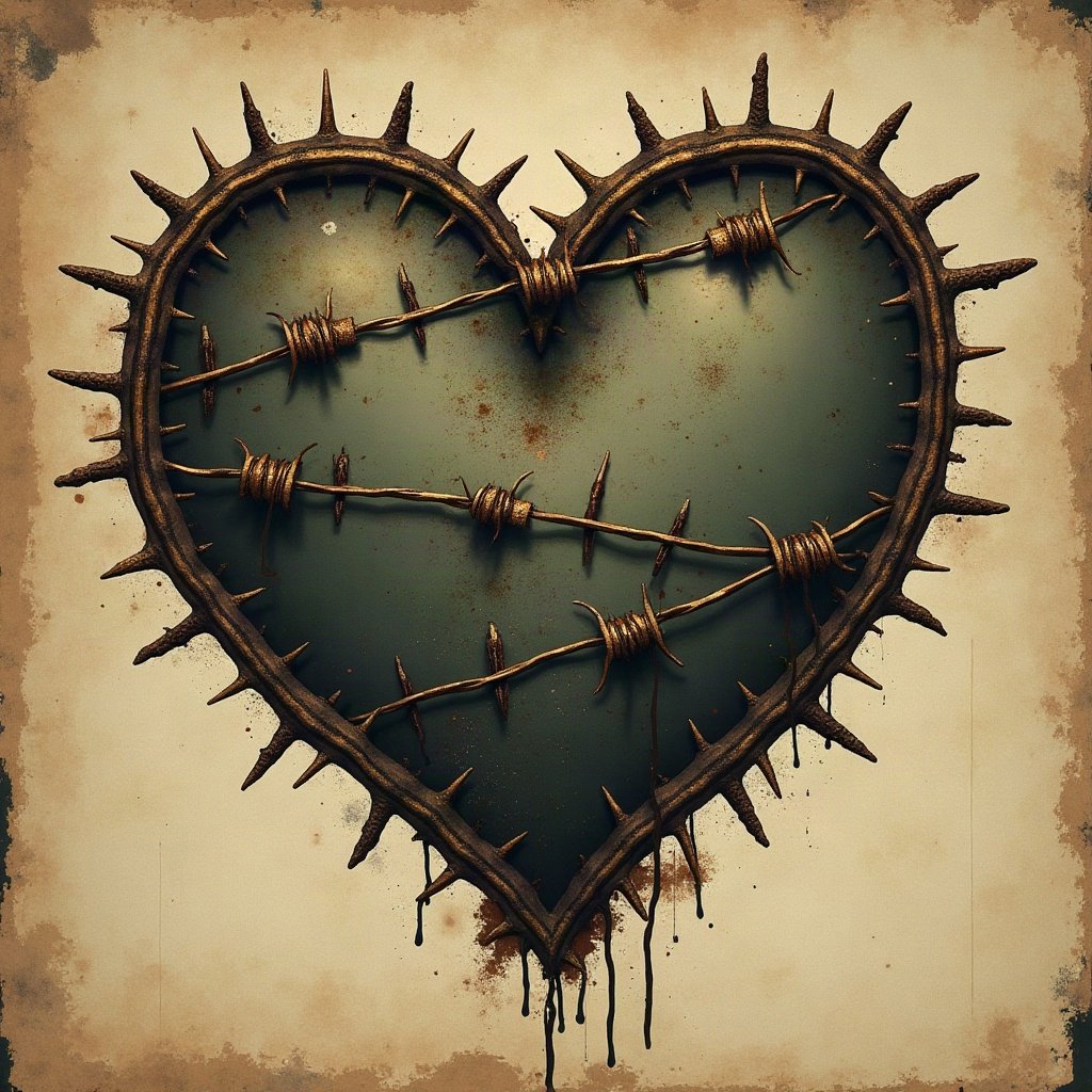 grunge pfp — barbed wire heart design, dark olive and rust, photocopy grain