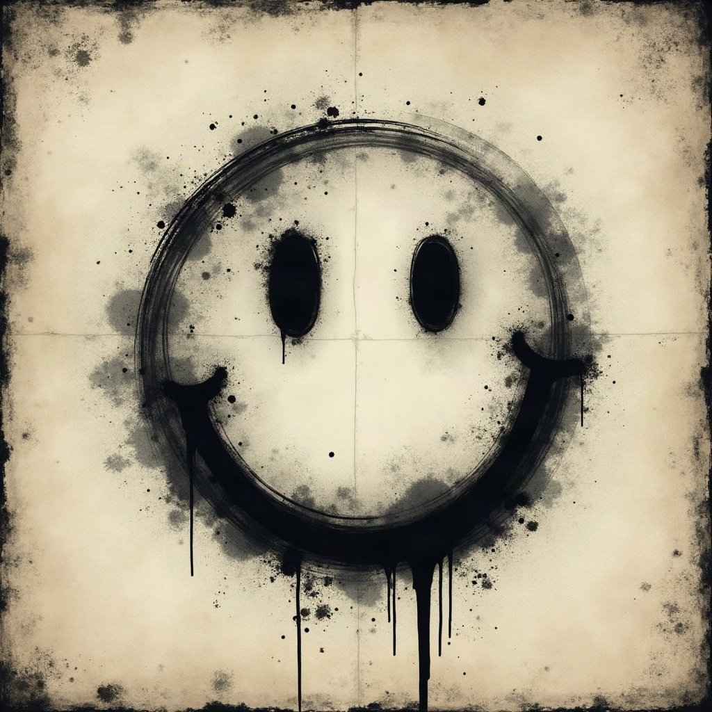 grunge pfp — distressed smiley face, charcoal and faded newsprint, scratched film texture