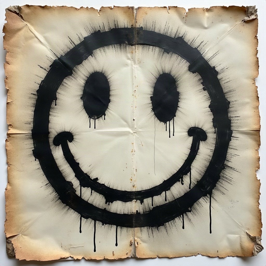 grunge pfp — distressed smiley face, charcoal and faded newsprint, scratched film texture