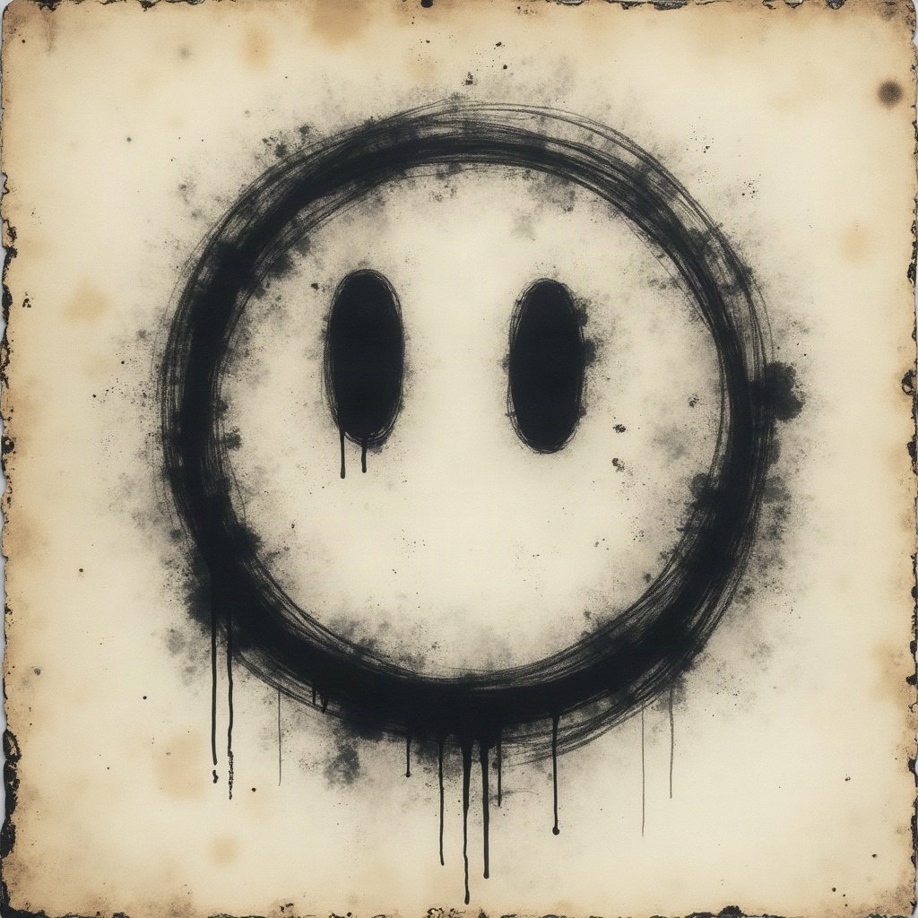 grunge pfp — distressed smiley face, charcoal and faded newsprint, photocopy grain