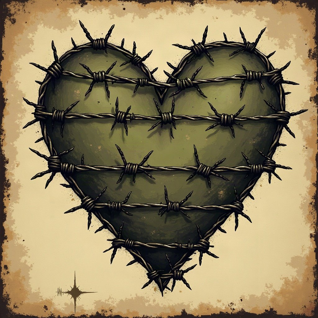 grunge pfp — barbed wire heart design, dark olive and rust, photocopy grain