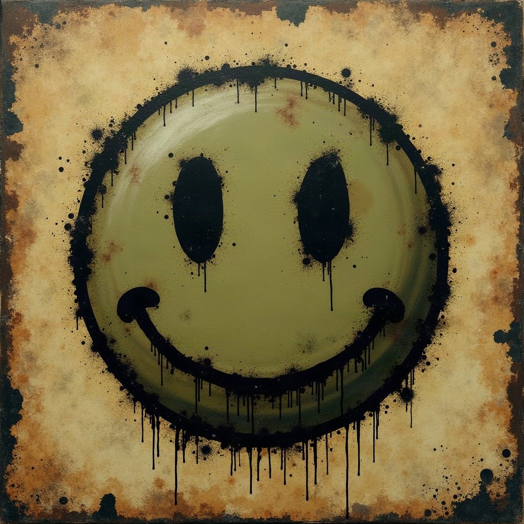 grunge pfp — distressed smiley face, dark olive and rust, scratched film texture