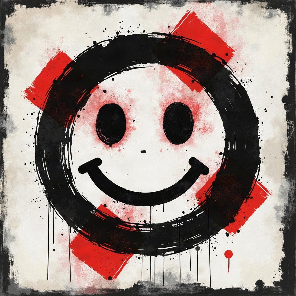 grunge pfp — distressed smiley face, black white and red, tape marks and creases