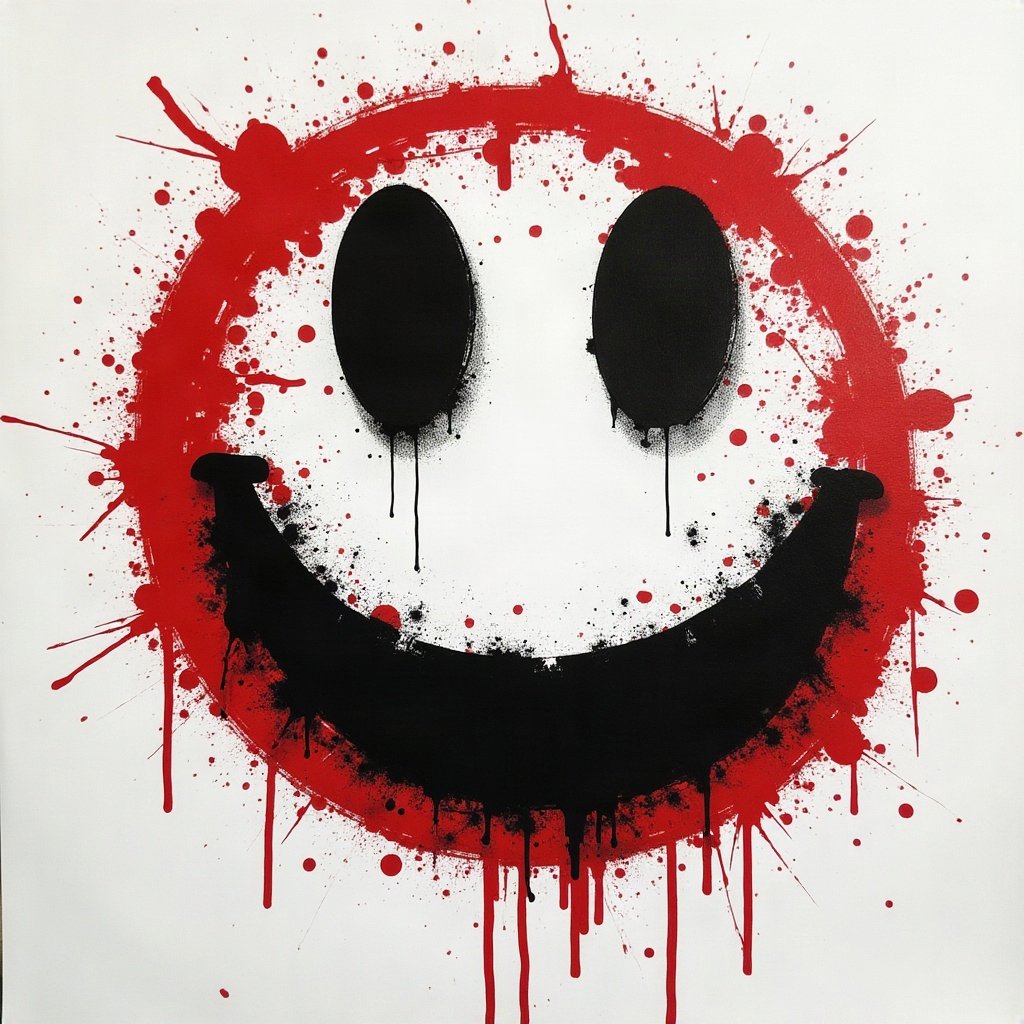 grunge pfp — distressed smiley face, black white and red, tape marks and creases
