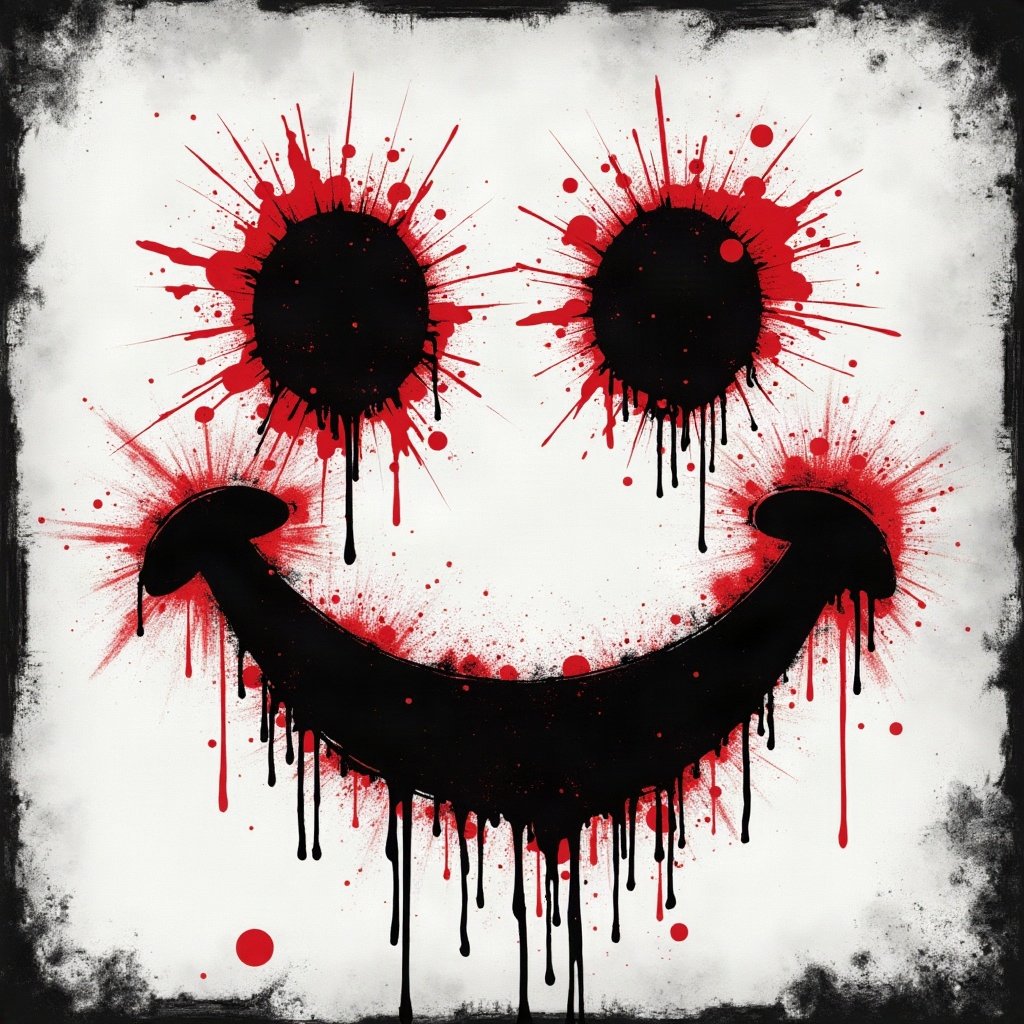 grunge pfp — distressed smiley face, black white and red, scratched film texture