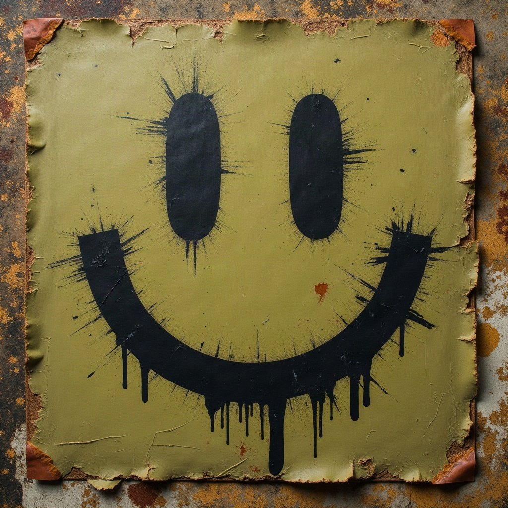 grunge pfp — distressed smiley face, dark olive and rust, tape marks and creases