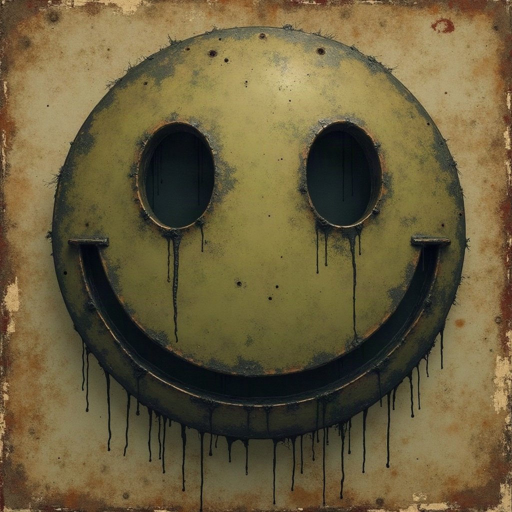 grunge pfp — distressed smiley face, dark olive and rust, scratched film texture