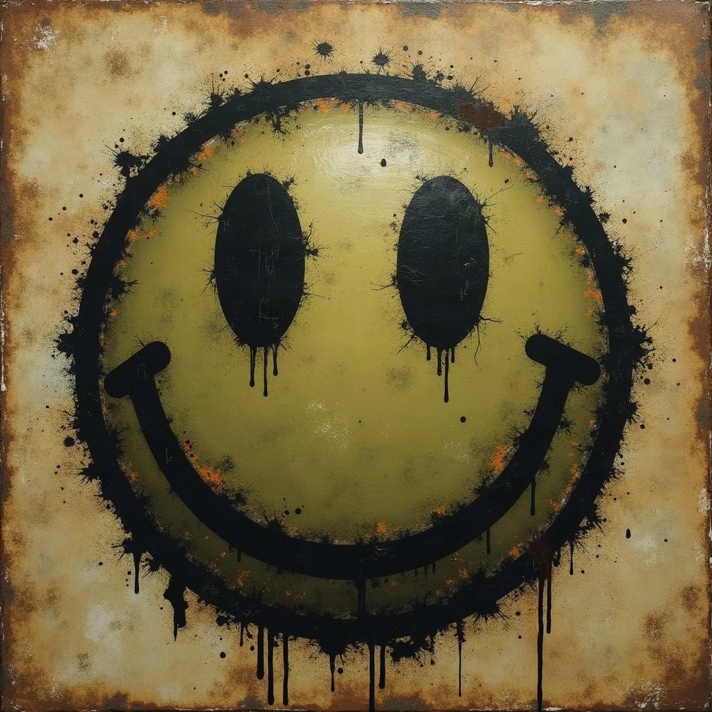 grunge pfp — distressed smiley face, dark olive and rust, scratched film texture