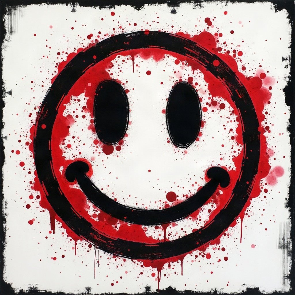grunge pfp — distressed smiley face, black white and red, scratched film texture