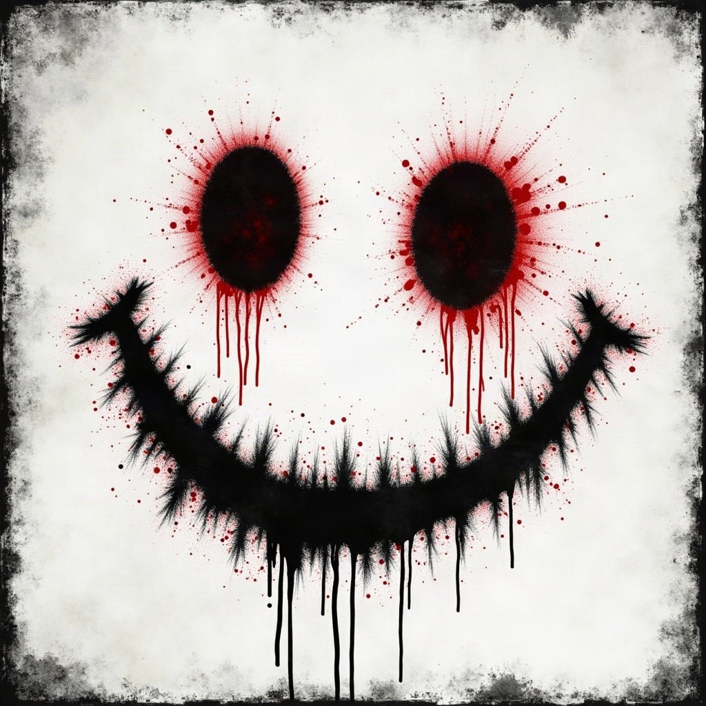 grunge pfp — distressed smiley face, black white and red, photocopy grain