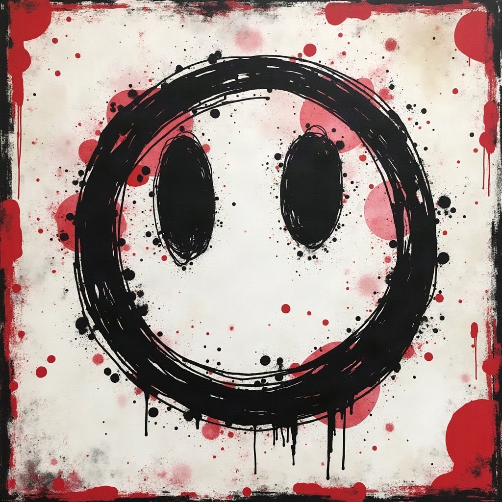 grunge pfp — distressed smiley face, black white and red, tape marks and creases