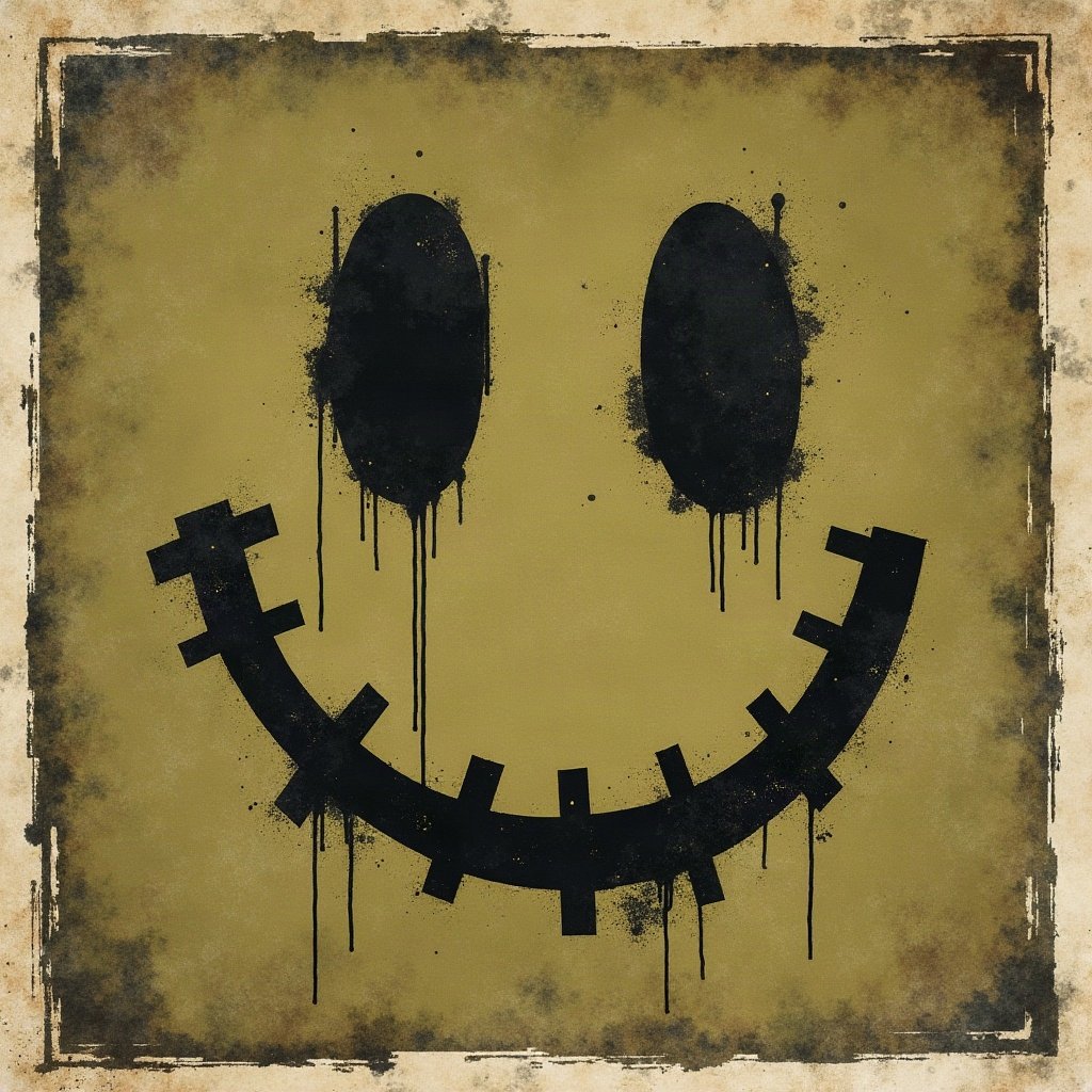 grunge pfp — distressed smiley face, dark olive and rust, photocopy grain