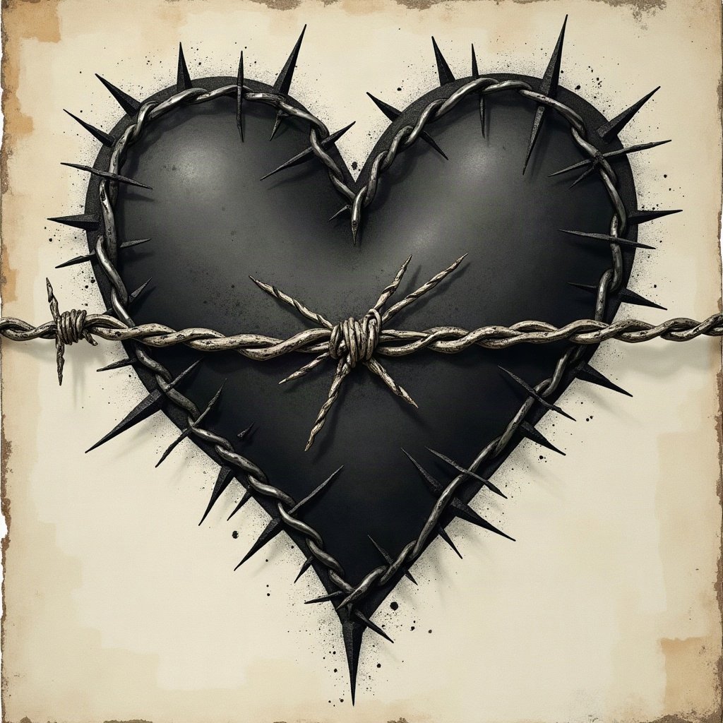 grunge pfp — barbed wire heart design, charcoal and faded newsprint, scratched film texture
