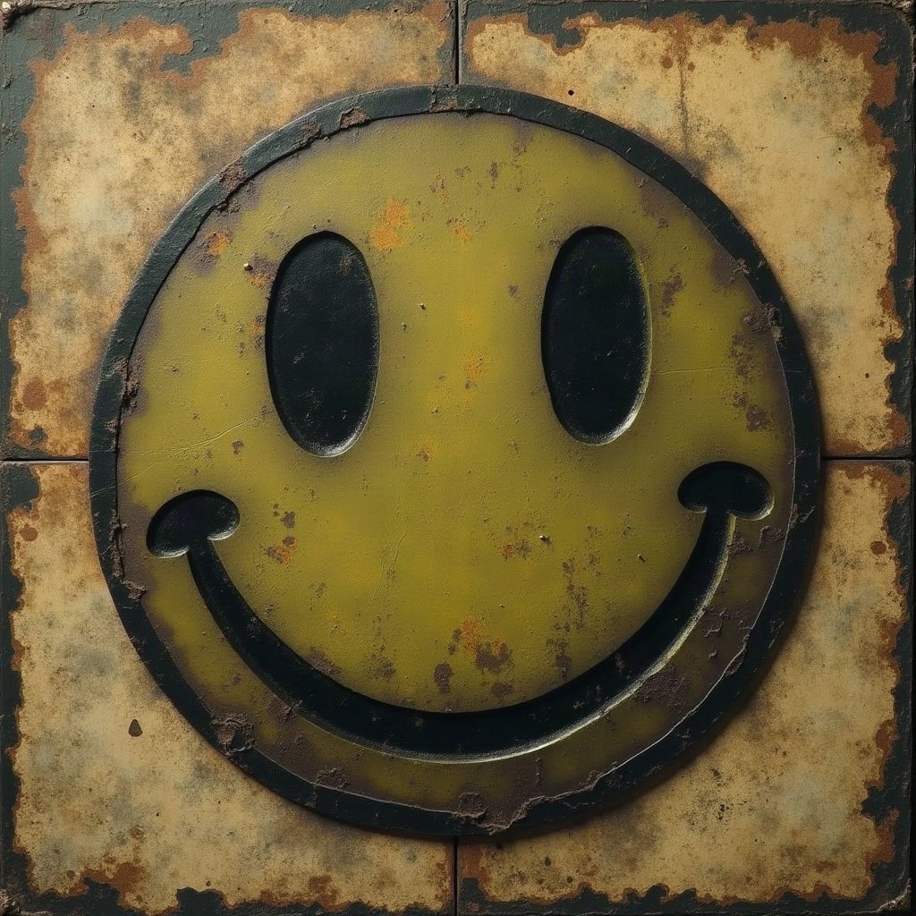 grunge pfp — distressed smiley face, dark olive and rust, scratched film texture