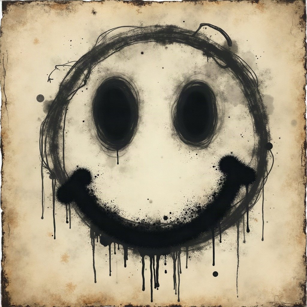grunge pfp — distressed smiley face, charcoal and faded newsprint, photocopy grain