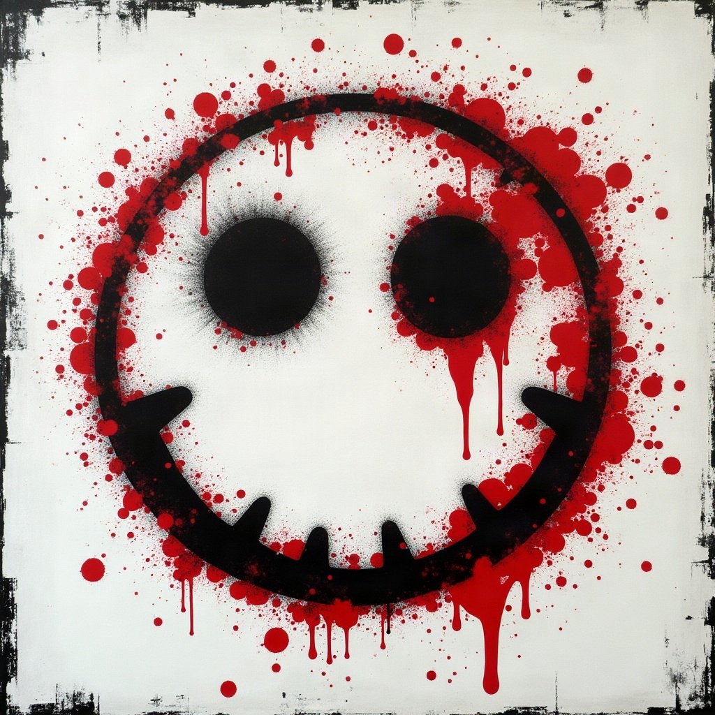 grunge pfp — distressed smiley face, black white and red, photocopy grain