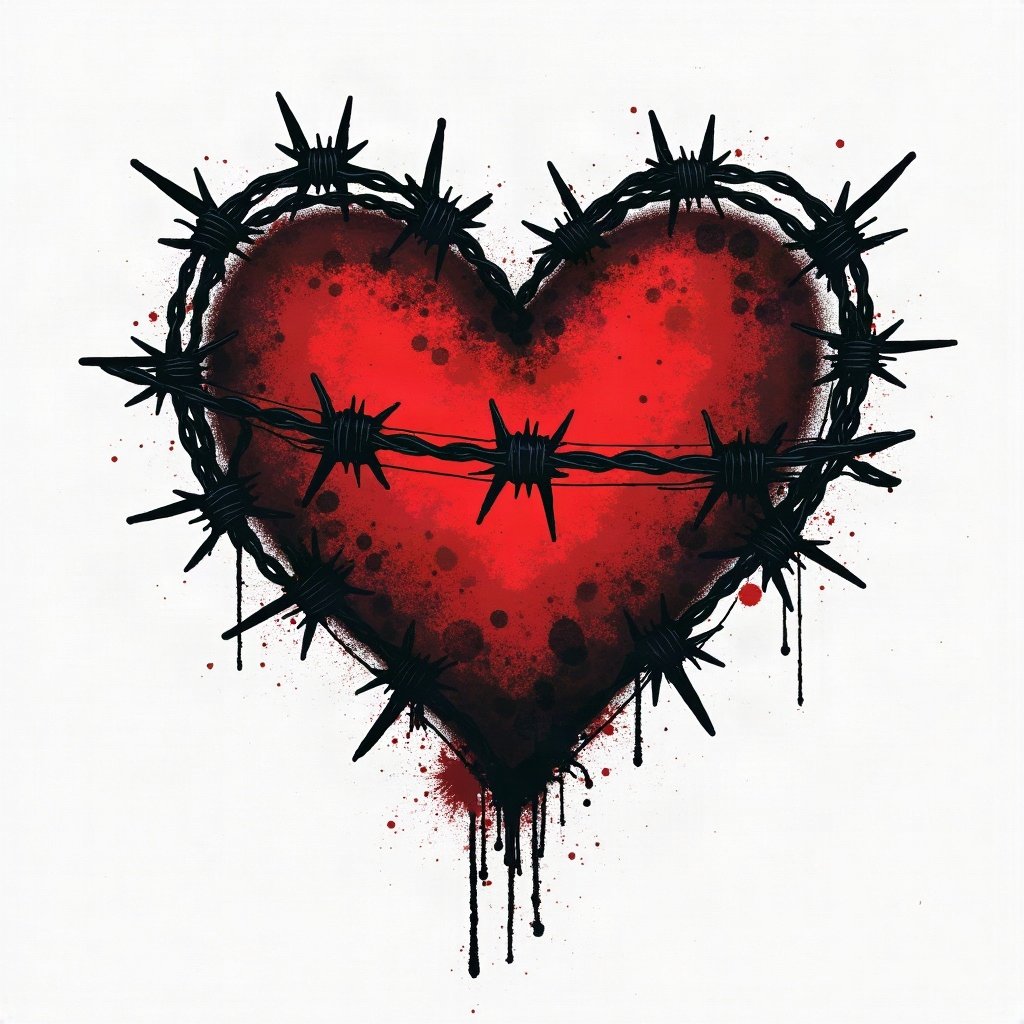 grunge pfp — barbed wire heart design, black white and red, photocopy grain