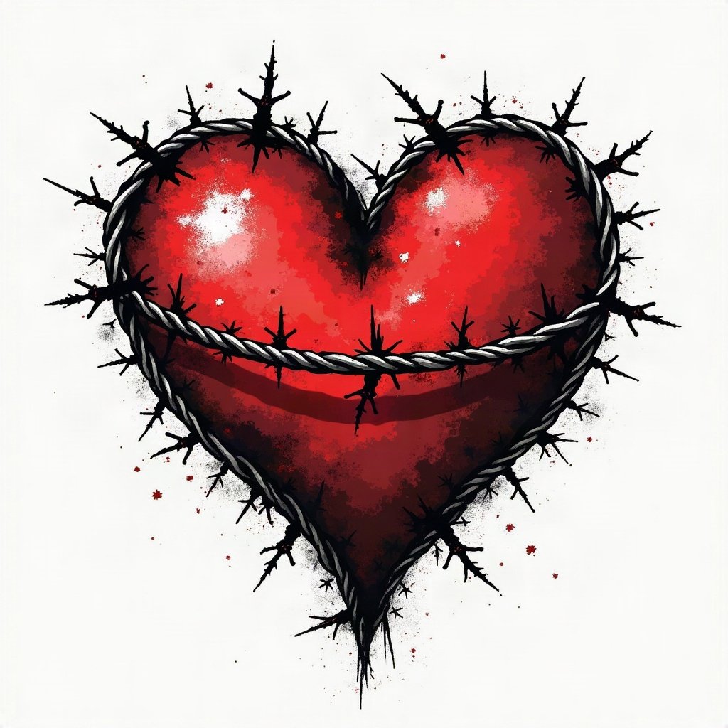 grunge pfp — barbed wire heart design, black white and red, tape marks and creases