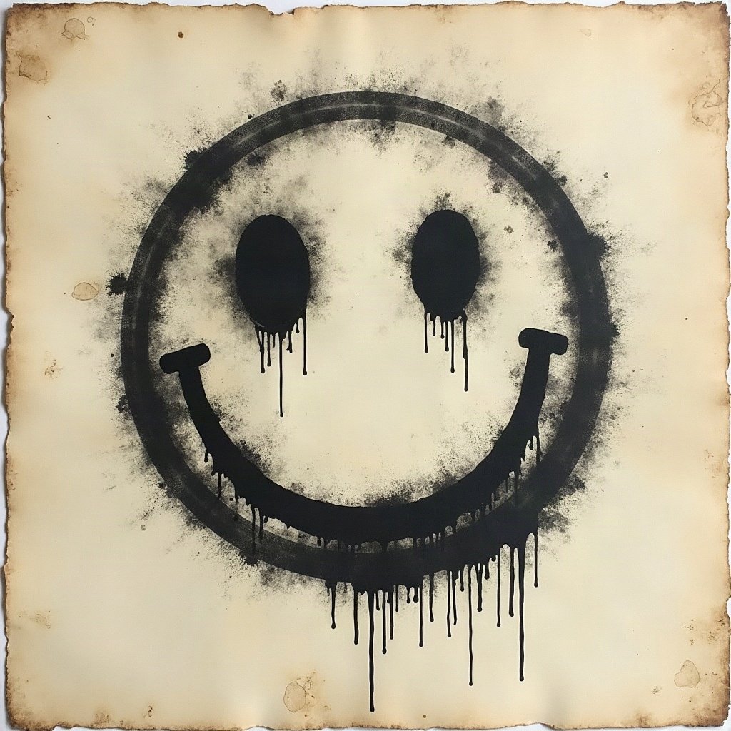 grunge pfp — distressed smiley face, charcoal and faded newsprint, photocopy grain