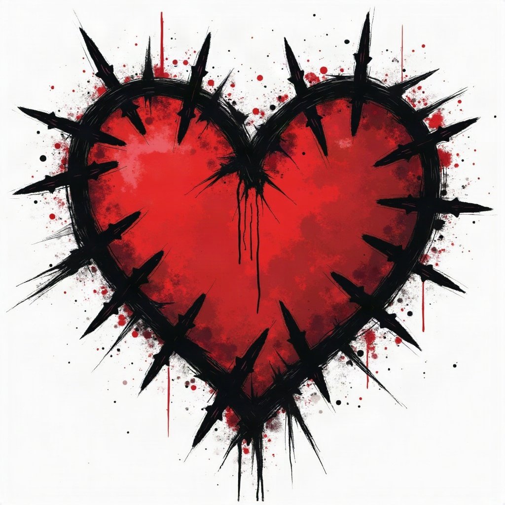 grunge pfp — barbed wire heart design, black white and red, tape marks and creases