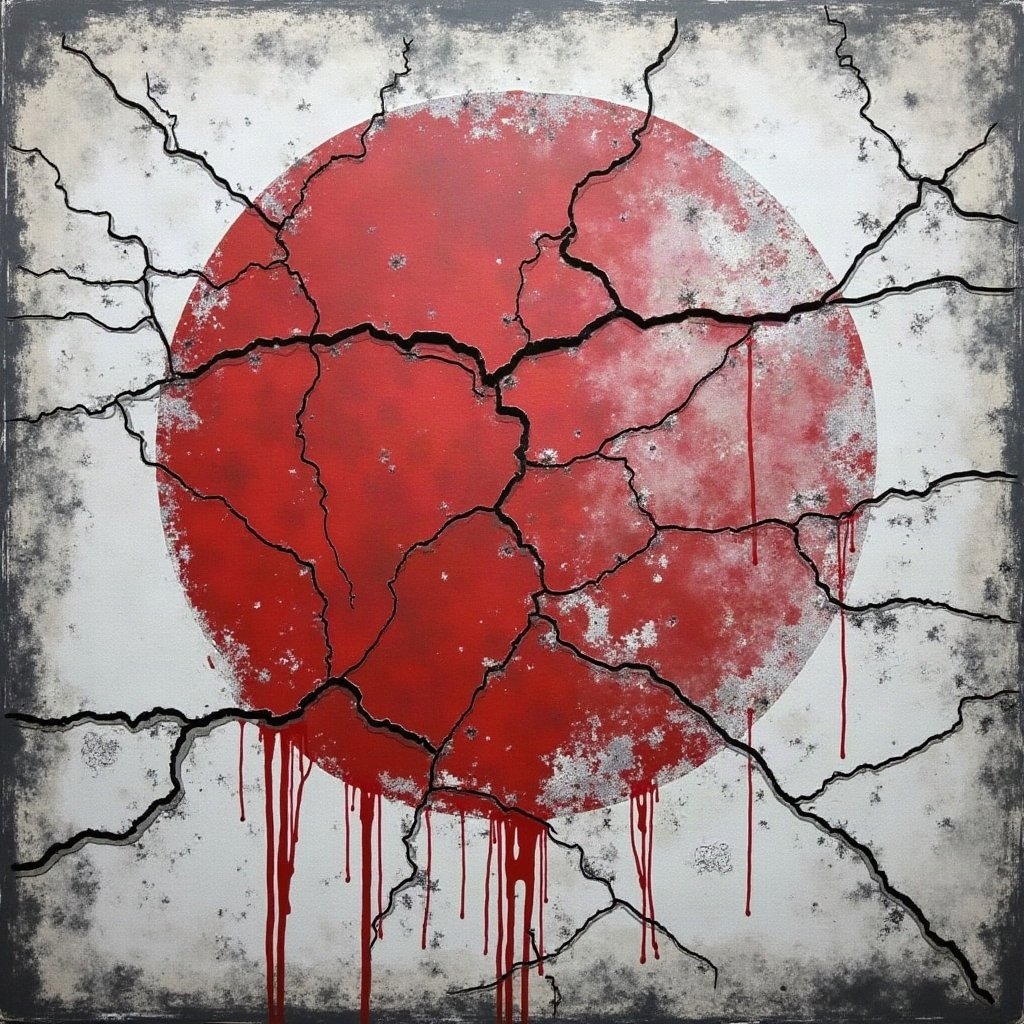 grunge pfp — cracked concrete texture with spray paint mark, black white and red, scratched film texture